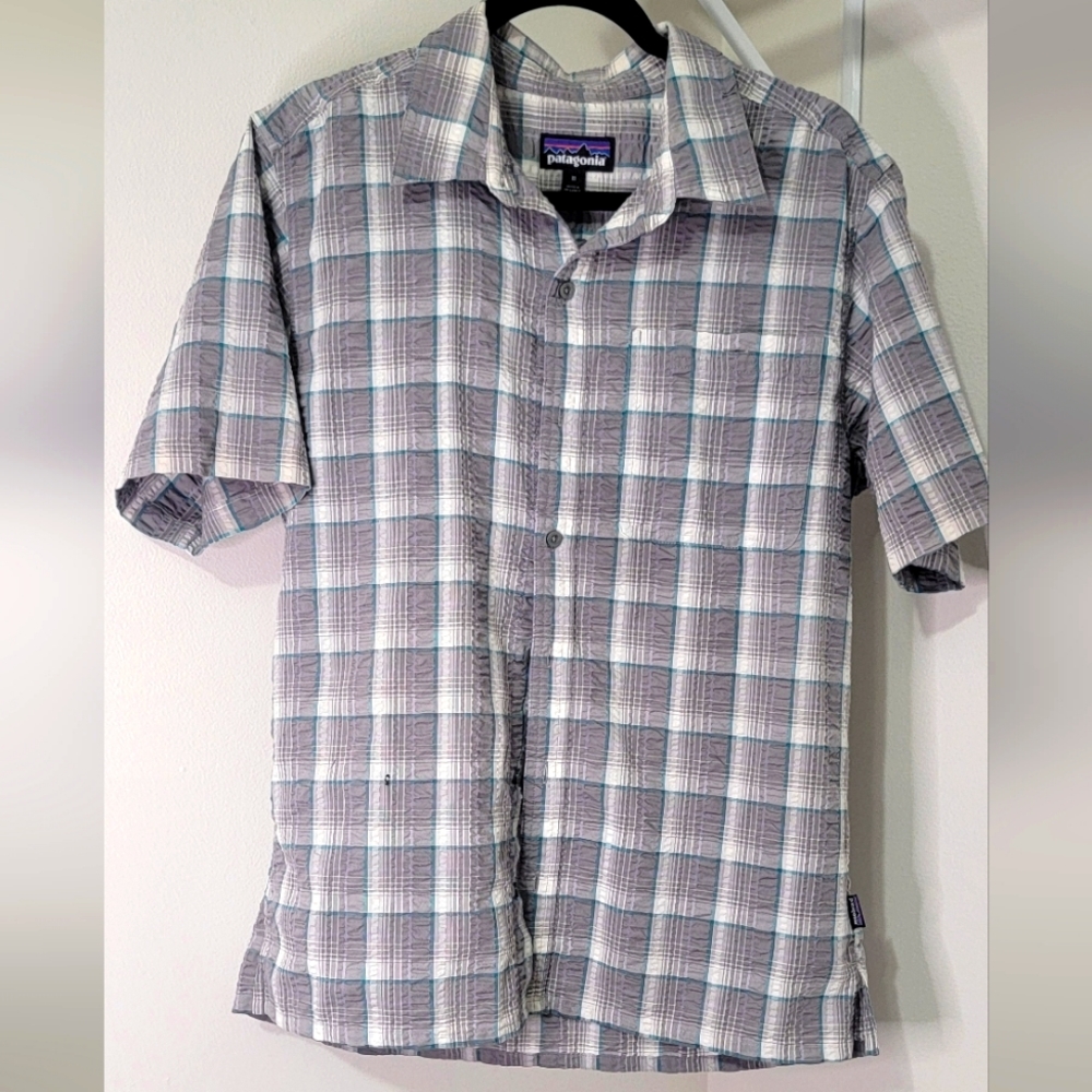 Patagonia Men Shirt Plaid Button Up Size Medium Sear Sucker Organic Cotton Blend